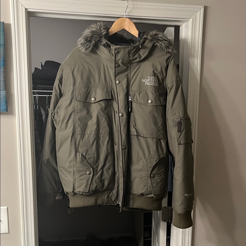 North Face Khaki Goose Down Winter Padded Fur Trimmed Jacket